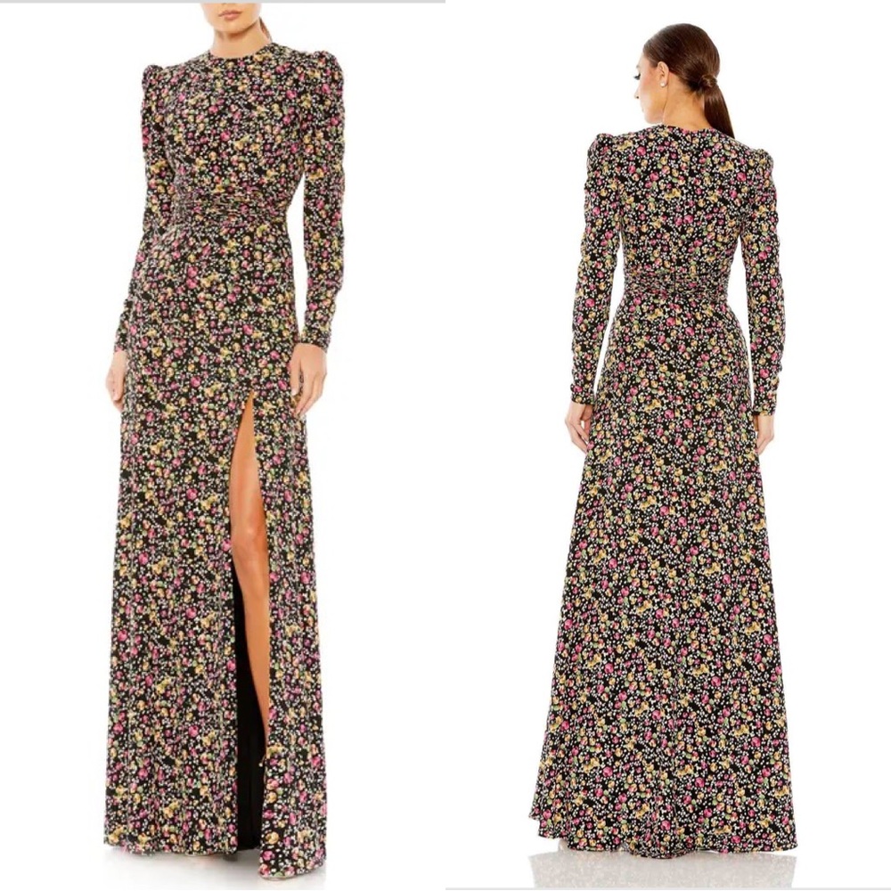 Mac Duggal Black and Pink Slit Gown with Bishop Sleeves